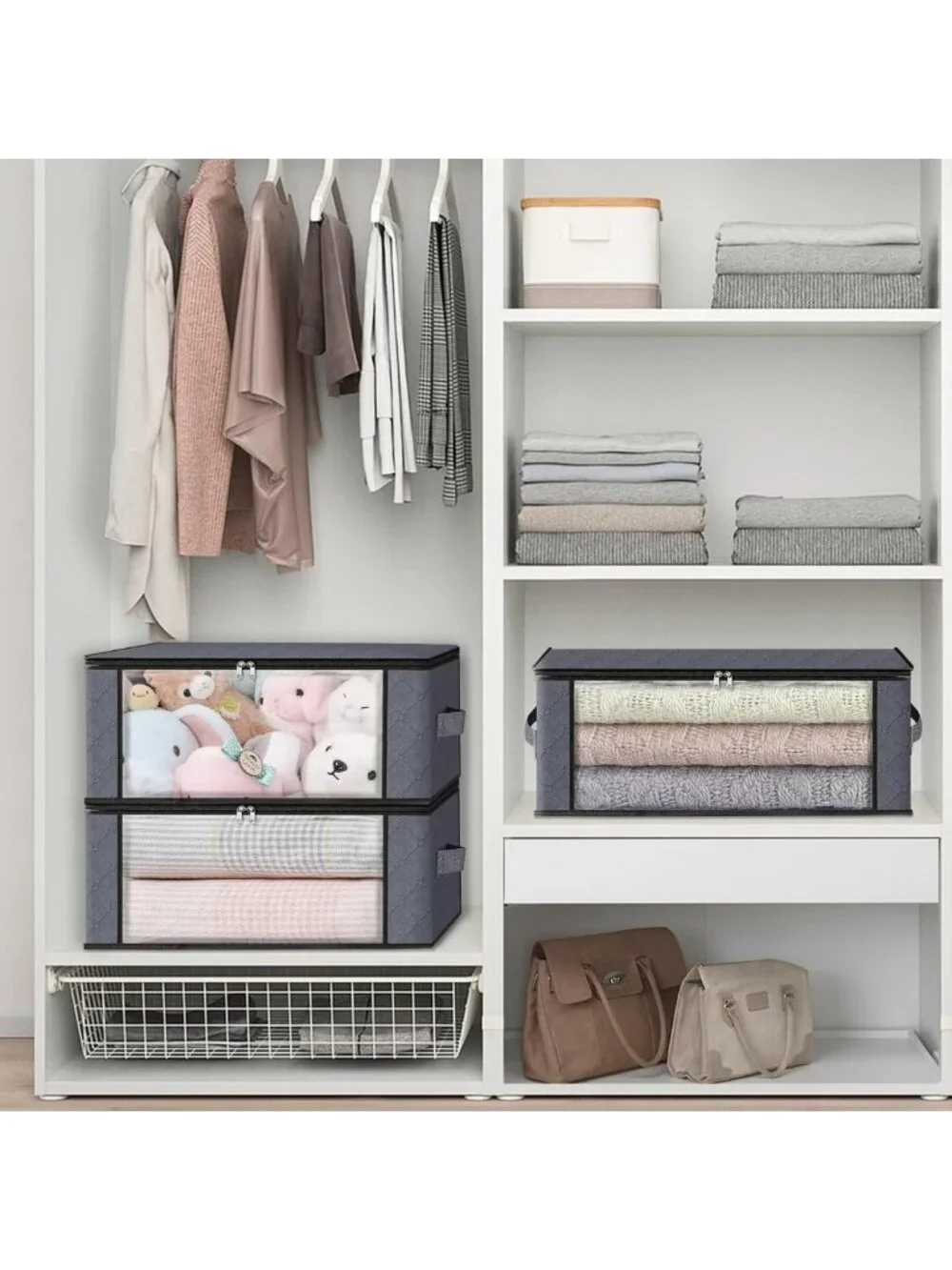 10-Pack Gray Clothes Organizer Storage Bags - 35L Space-Saving Bins for Home